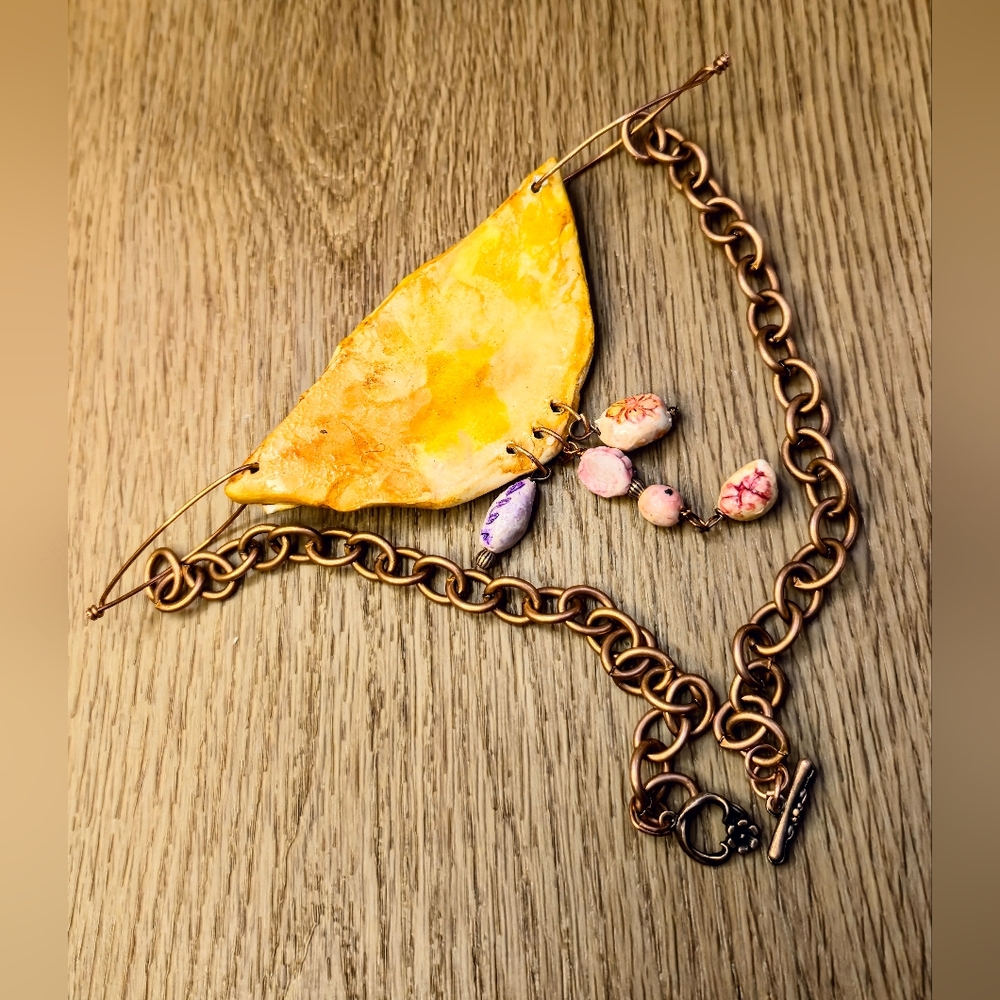 Primitive Cave Rustic Earth Colored Butterfly Pendant & Beads In Clay Necklace - Picture 7 of 9